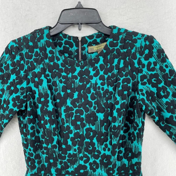 Melonie Dress Women's Sz 4 Green Floral Faux Wrap 3/4 Sleeves Round Neck Stretch - Picture 6 of 10